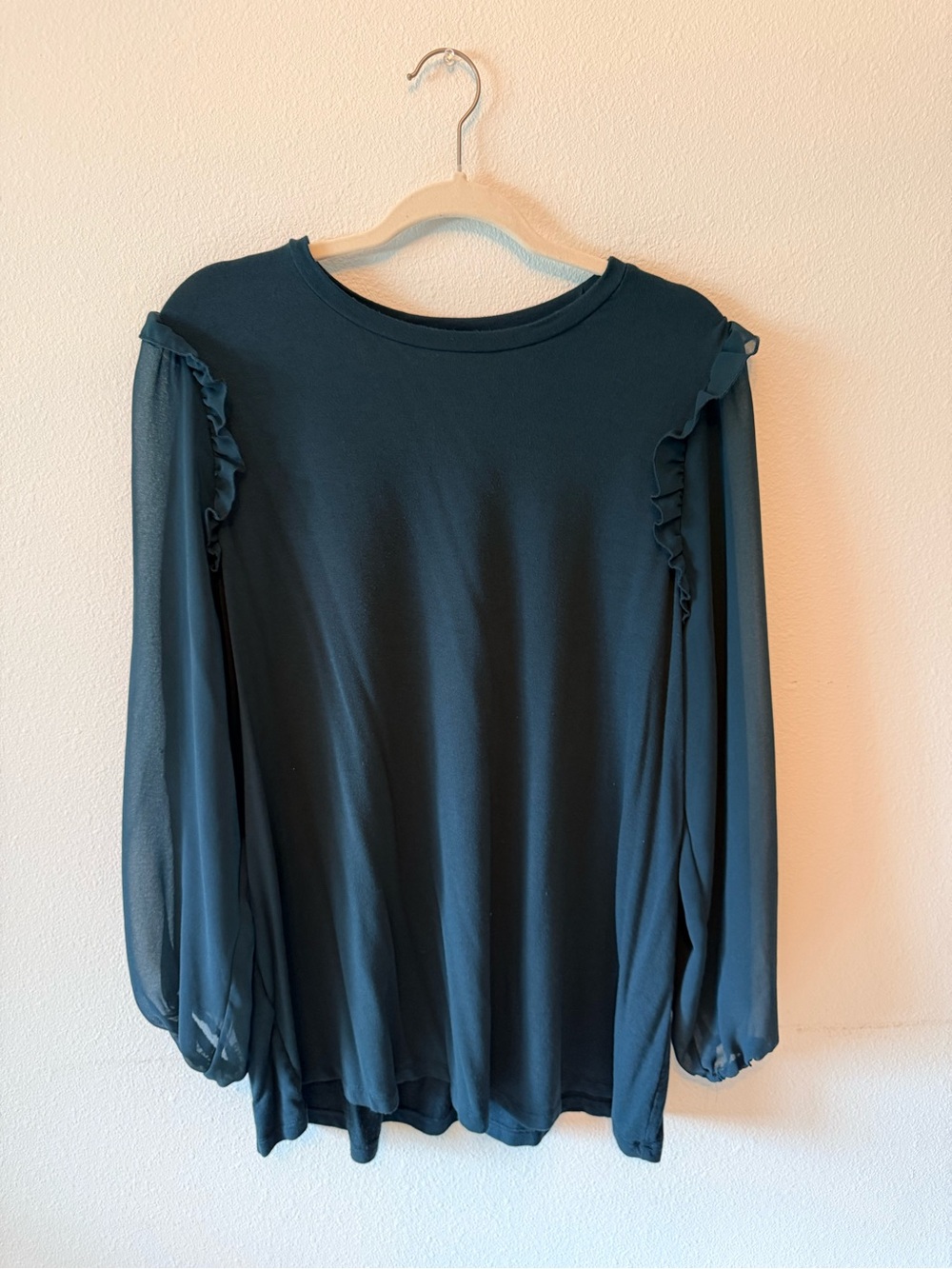 Long-Sleeve Dark Green Ruffle Shoulder Blouse